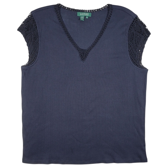 Lauren Ralph Lauren Tops - LRL Ralph Lauren Top Womens 2X Black Cotton Knit Crochet Cap Sleeve V Neck Shirt